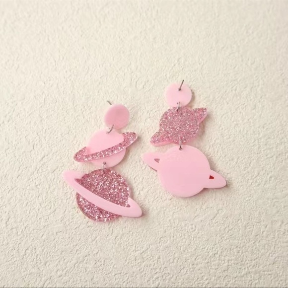 Sparkle Pink Saturn Planet Acrylic Drop Stud Earrings - Picture 3 of 7
